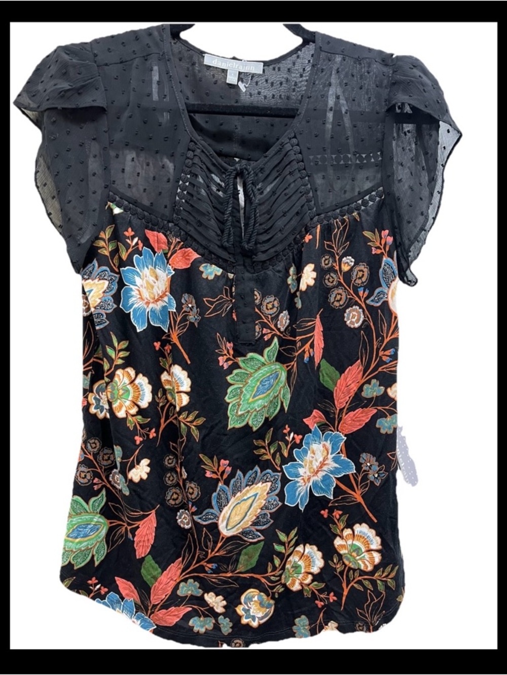 Daniel Rainn Black Floral Mixed-Media Flutter Sleeve Blouse